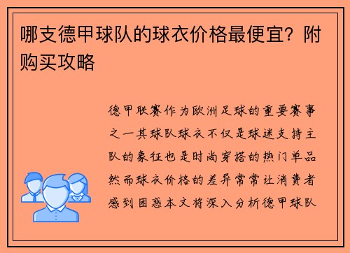 哪支德甲球队的球衣价格最便宜？附购买攻略